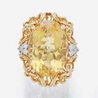A 14K Yellow Gold, Citrine, and Diamond Ring