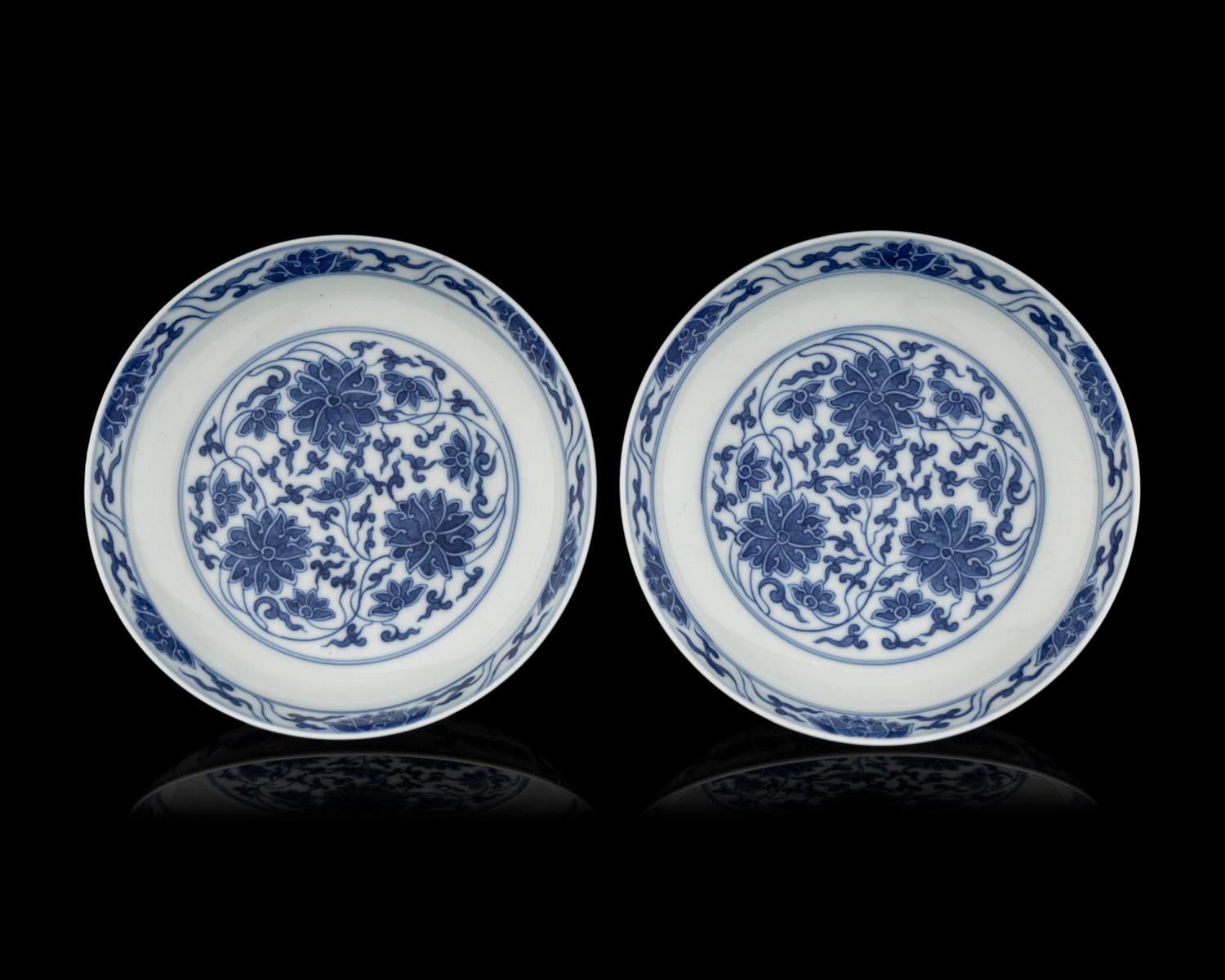 A Pair of Chinese Blue and White Porcelain 'Lotus' Plates