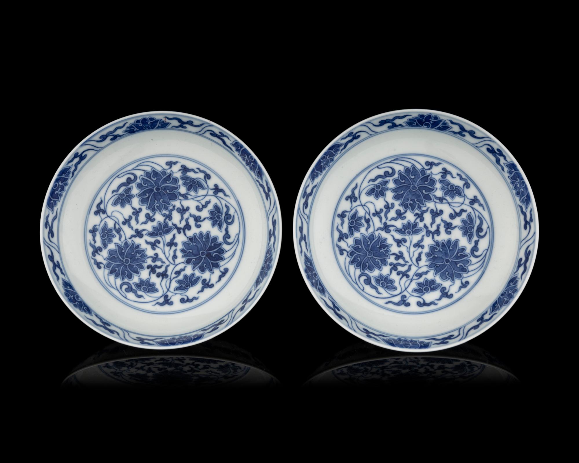 A Pair of Chinese Blue and White Porcelain 'Lotus' Plates