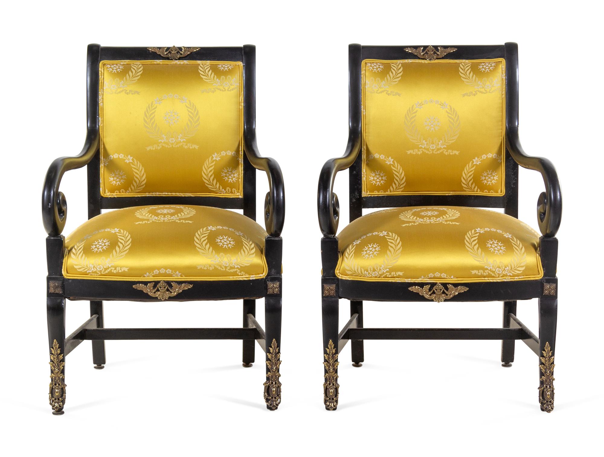 A Pair of Directoire Style Scalamandré Upholstered Ebonized Fauteuils