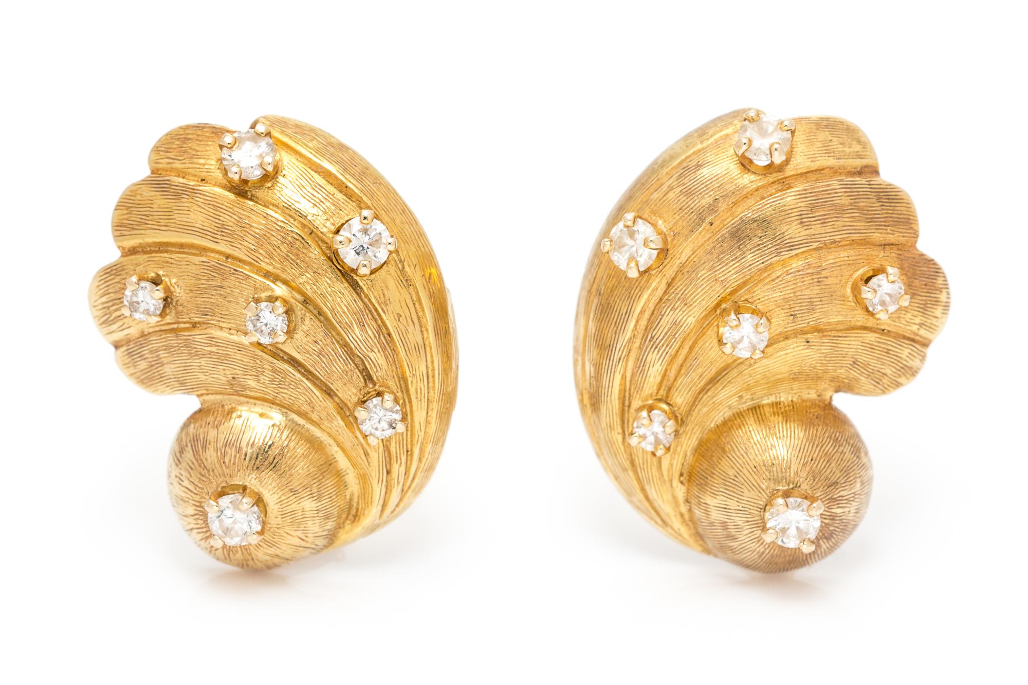 A Pair of Yellow Gold and Diamond Seashell Earclips, 8.90 dwts.