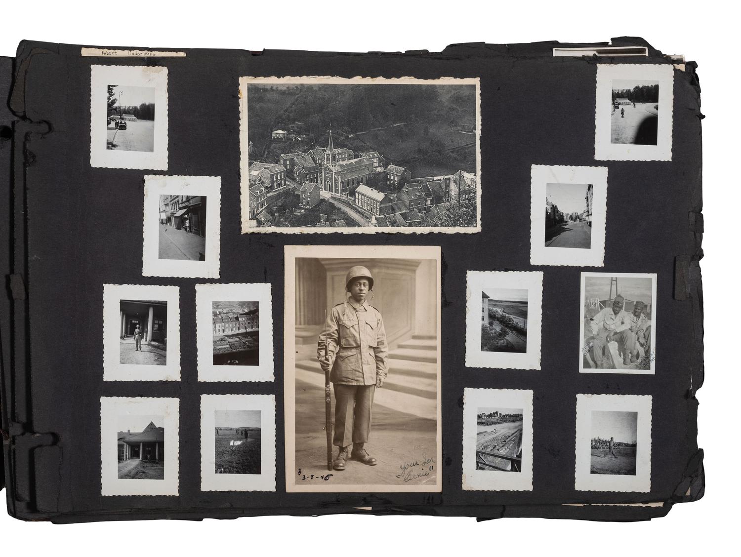 [WORLD WAR II]. Photo album and insignia belonging to an African American soldier.