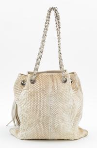 A Chanel Cream and Grey Python Drawstring Bag, 11" x 11" x .5"; Strap drop: 8".