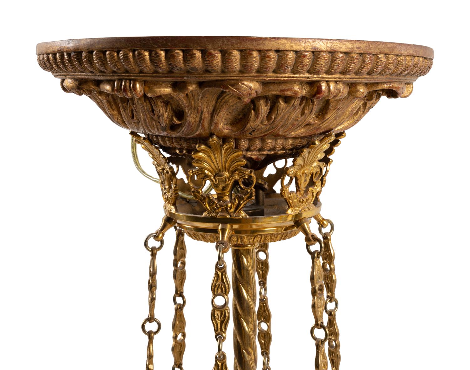 An Empire Style Gilt Metal and Simulated Marble Six-Light Chandelier