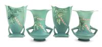 Two Pairs of Roseville Bleeding Heart Pottery Vases Height of first 9 1/4 inches, second 8 1/4 inches.