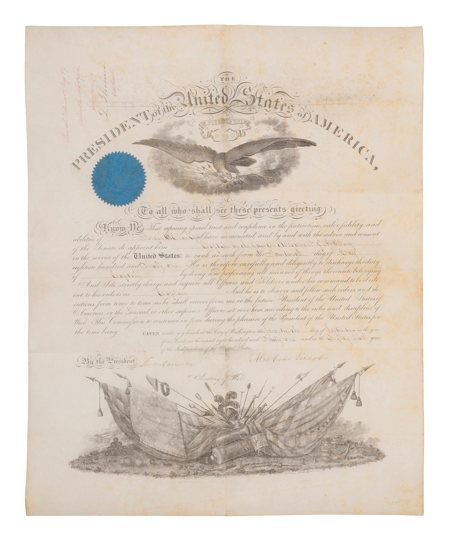 [WESTERN AMERICANA -- CIVIL WAR -- LINCOLN]. Papers of Captain Joseph Claypoole Clark, 4th US Light Artillery, Battery E, WIA Antietam, including frontier and Civil War correspondence, photography, and appointment signed by Lincoln as President.