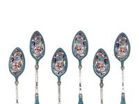 A Set of Six Russian Enameled Silver Coffee Spoons