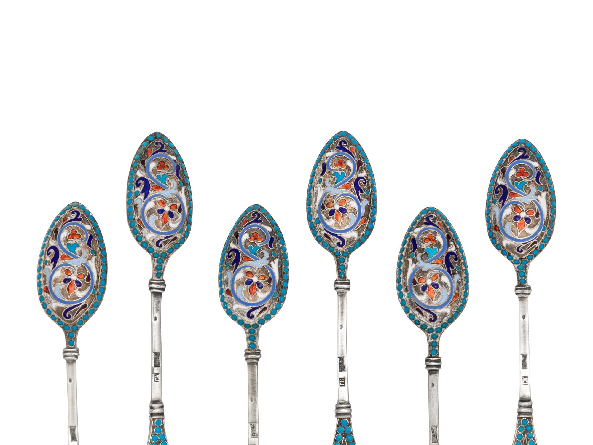 A Set of Six Russian Enameled Silver Coffee Spoons
