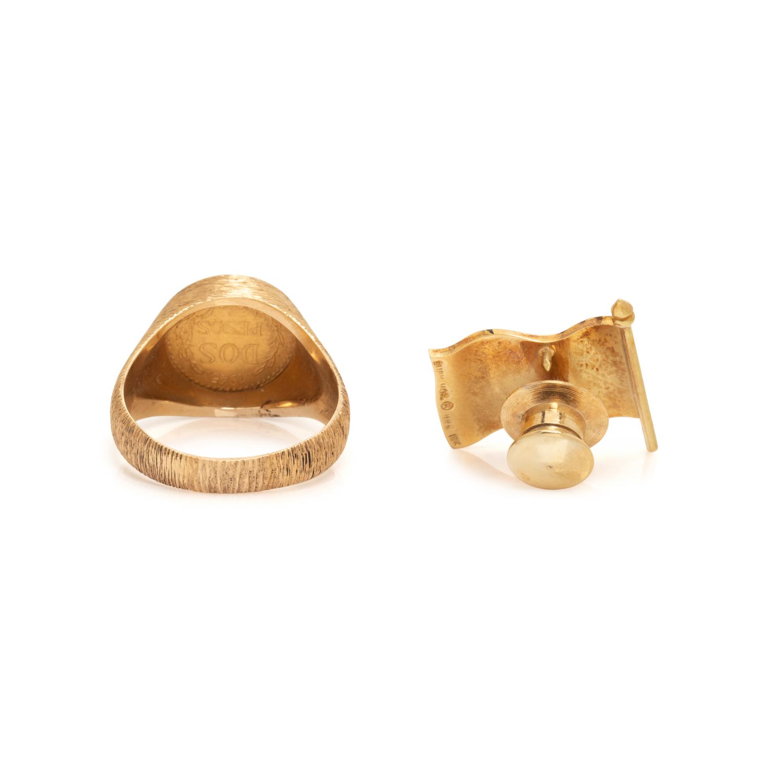 YELLOW GOLD AND ENAMEL AMERICAN FLAG PIN AND YELLOW GOLD RING