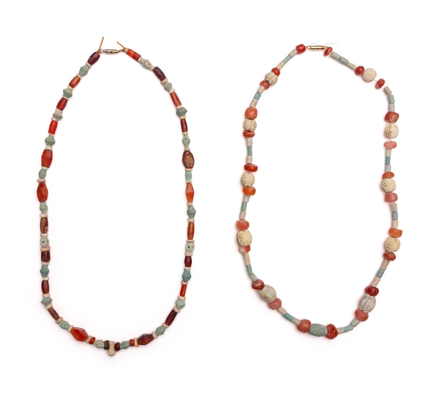 Two Near Eastern Carnelian and Faience Bead Necklaces