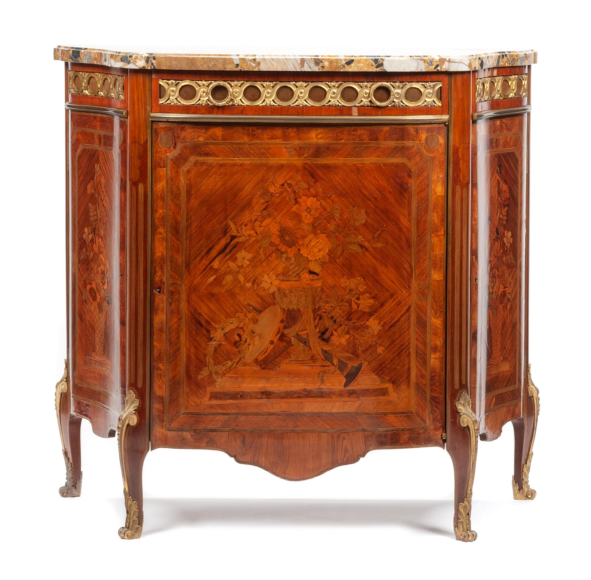 A Louis XVI Style Gilt Bronze Mounted Marquetry Cabinet Height 43 x width 45 1/2 x depth 21 inches. — 19TH CENTURY