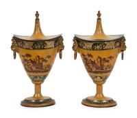 A Pair of Continental Tole Peinte Chestnut Urns