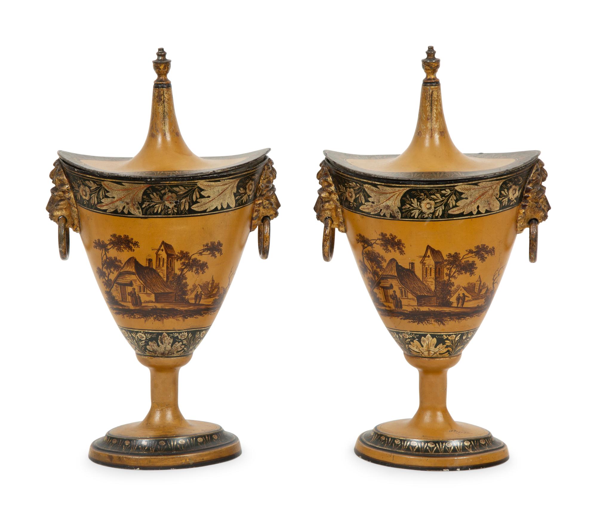 A Pair of Continental Tole Peinte Chestnut Urns