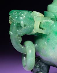 A Semi-Translucent Apple Green Jadeite Tripod Censer and Cover