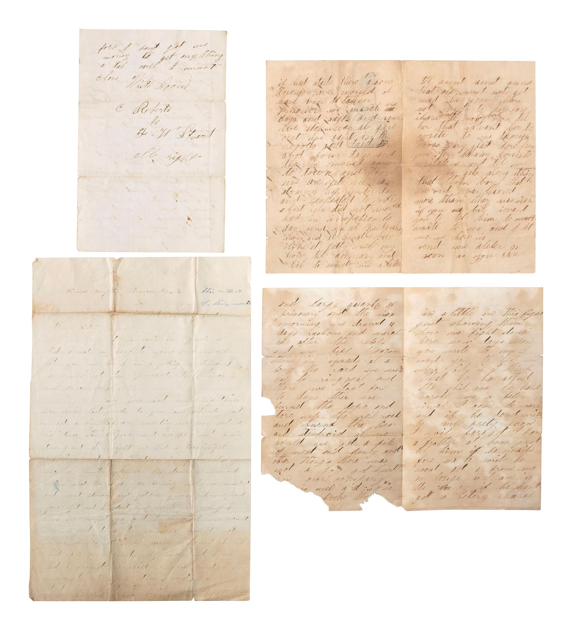 [CIVIL WAR]. A group of 4 letters written by Private Charles Roberts, Co. C, 94th Ohio Volunteer Infantry. WIA Resaca, GA.