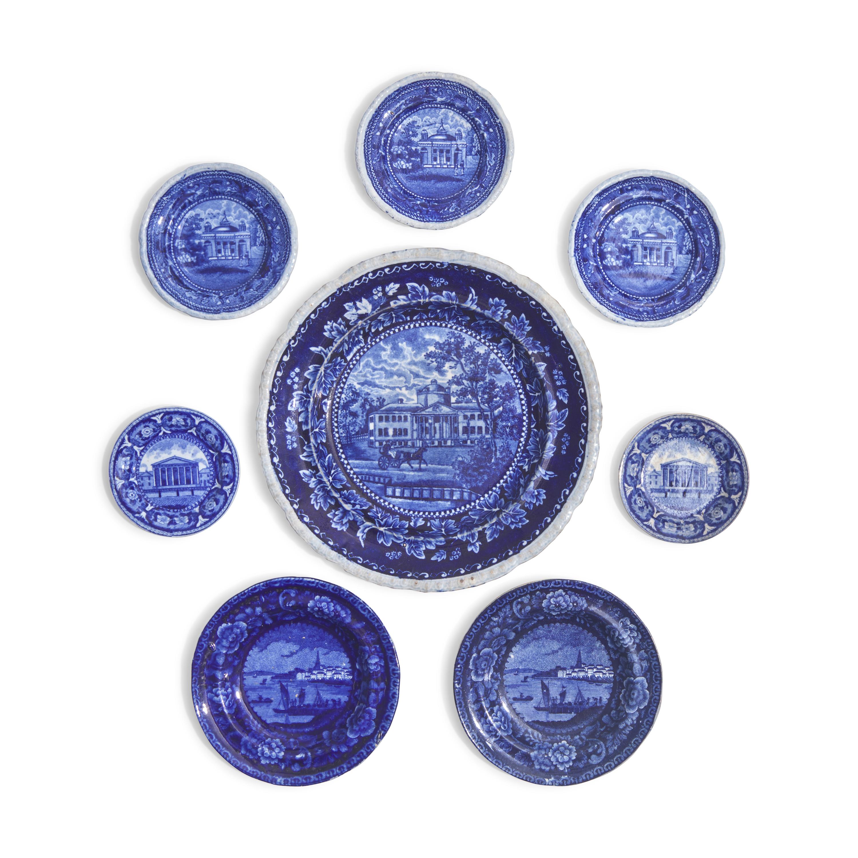 Eight Staffordshire Historical Blue Transferware Cup and Small Plates of Philadelphia Interest