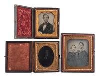 [EARLY PHOTOGRAPHY - PORTRAITURE]. A group of 21 assorted daguerreotypes, ambrotypes, tintypes, and CDVs of men, women, and children, with Kenosha, WI album with tintypes, CDVs, and cabinet cards.
