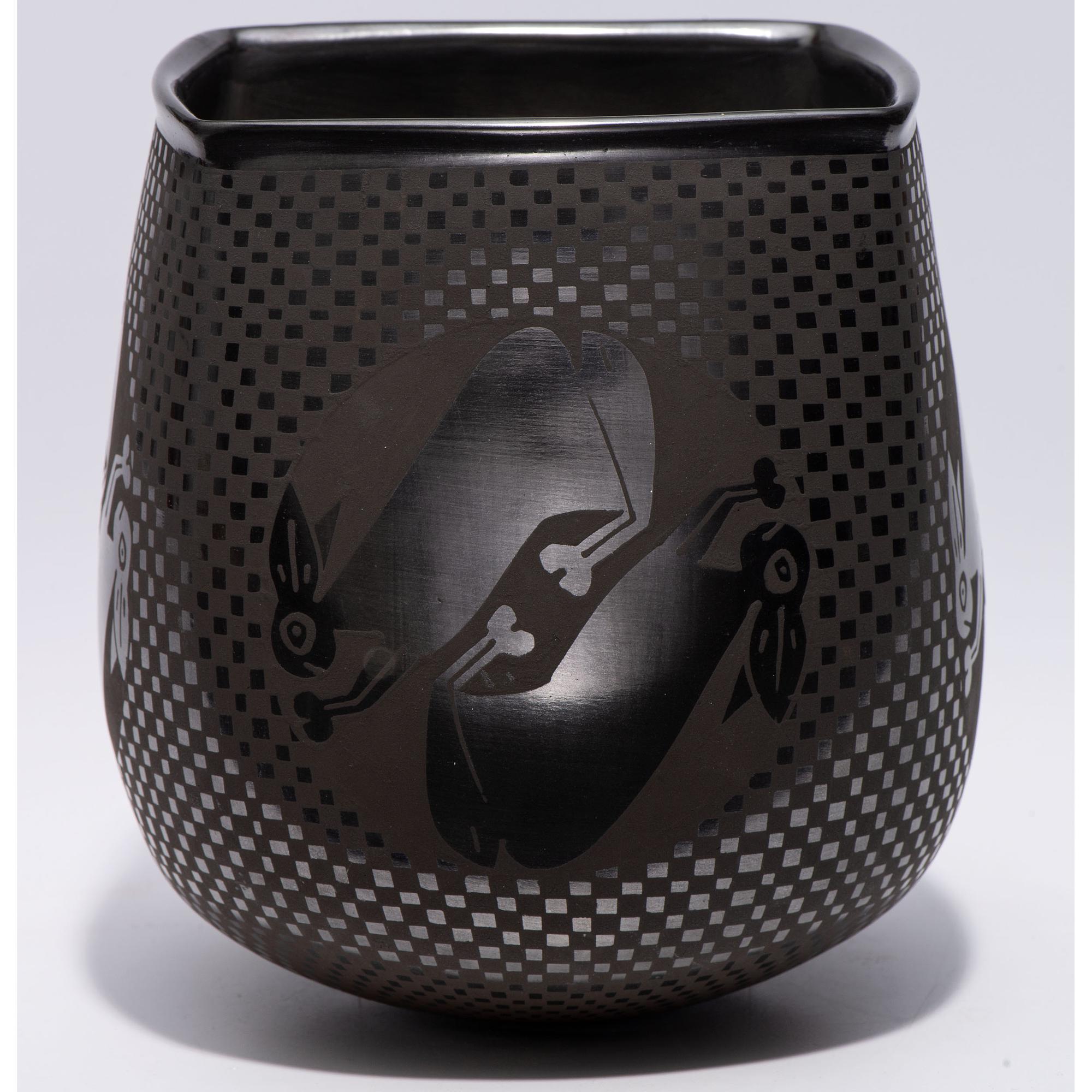 Blackware Pottery Vase, with Rabbits