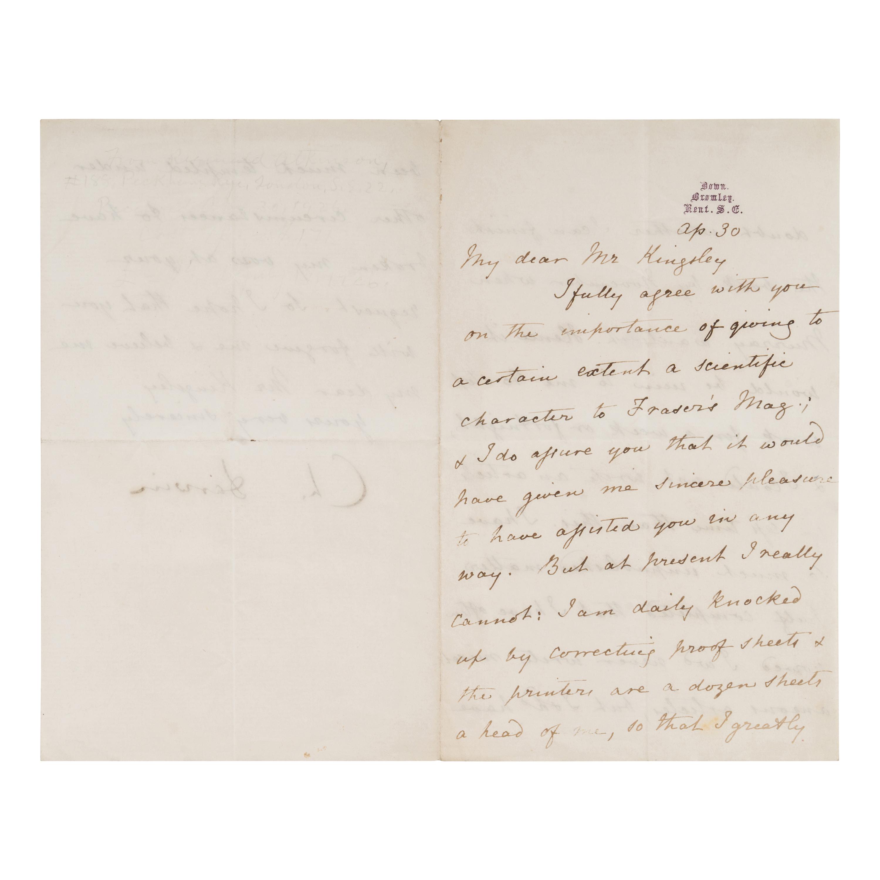 Darwin, Charles (1809-1882). Letter signed ("Ch. Darwin"), to Charles Kingsley, 30 April 1867.