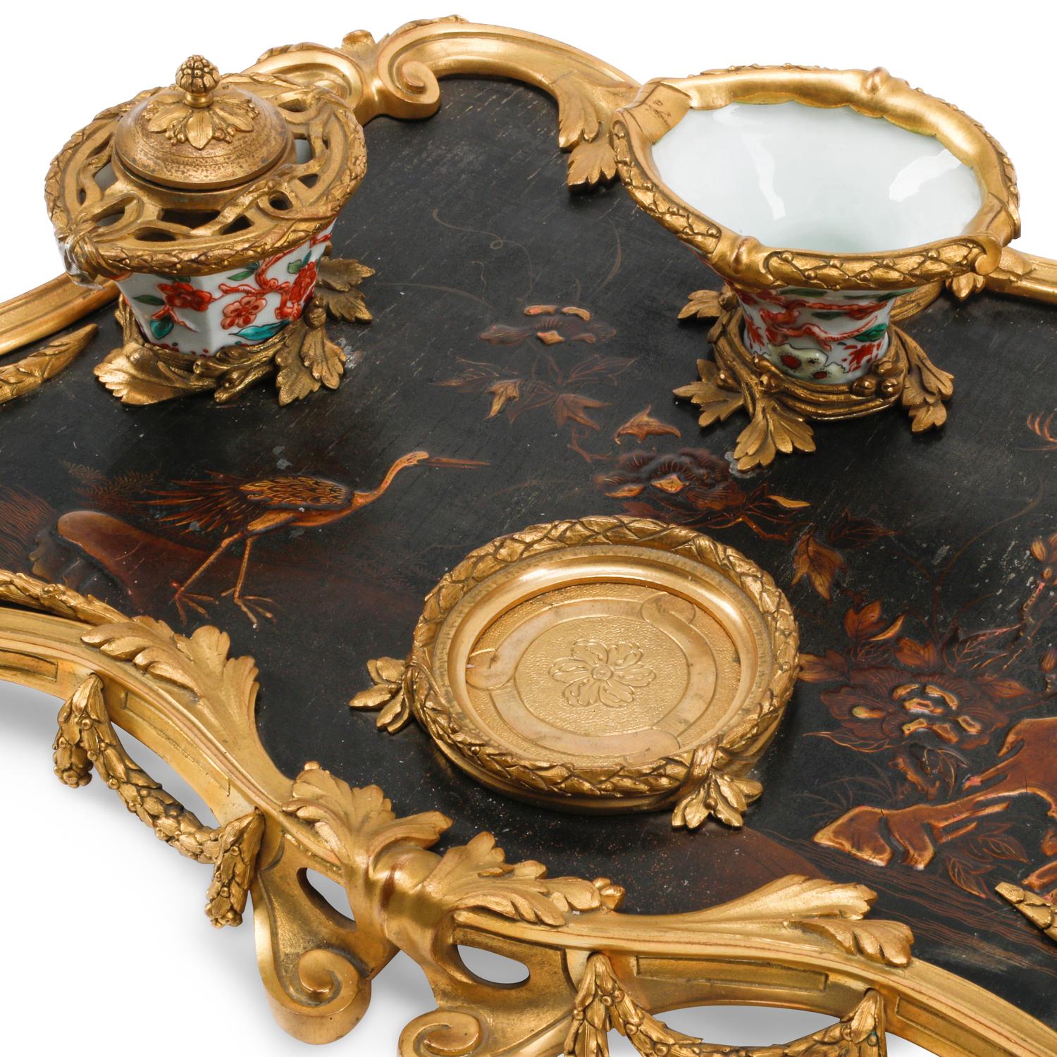 A French Gilt Bronze, Lacquer and Porcelain Standish