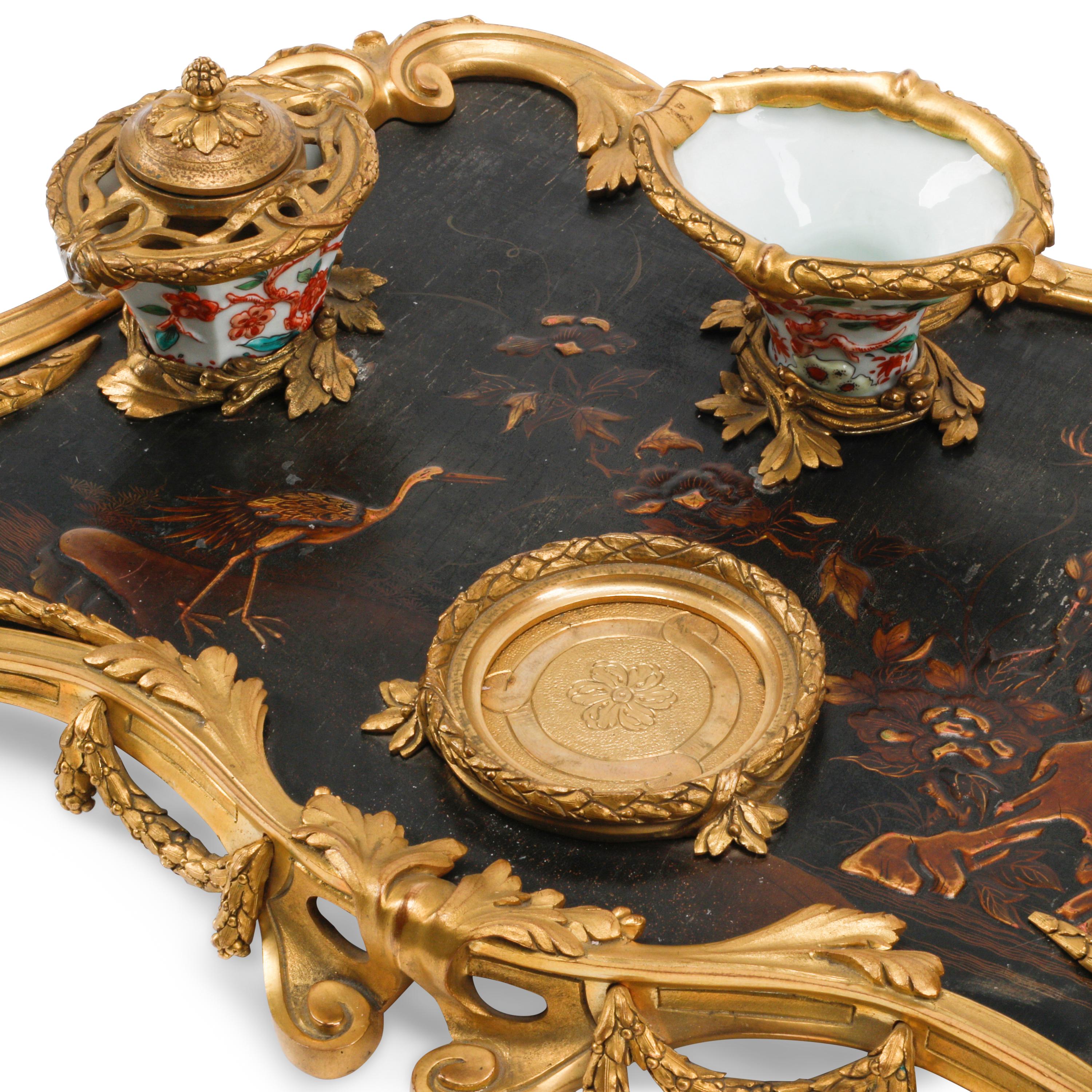 A French Gilt Bronze, Lacquer and Porcelain Standish