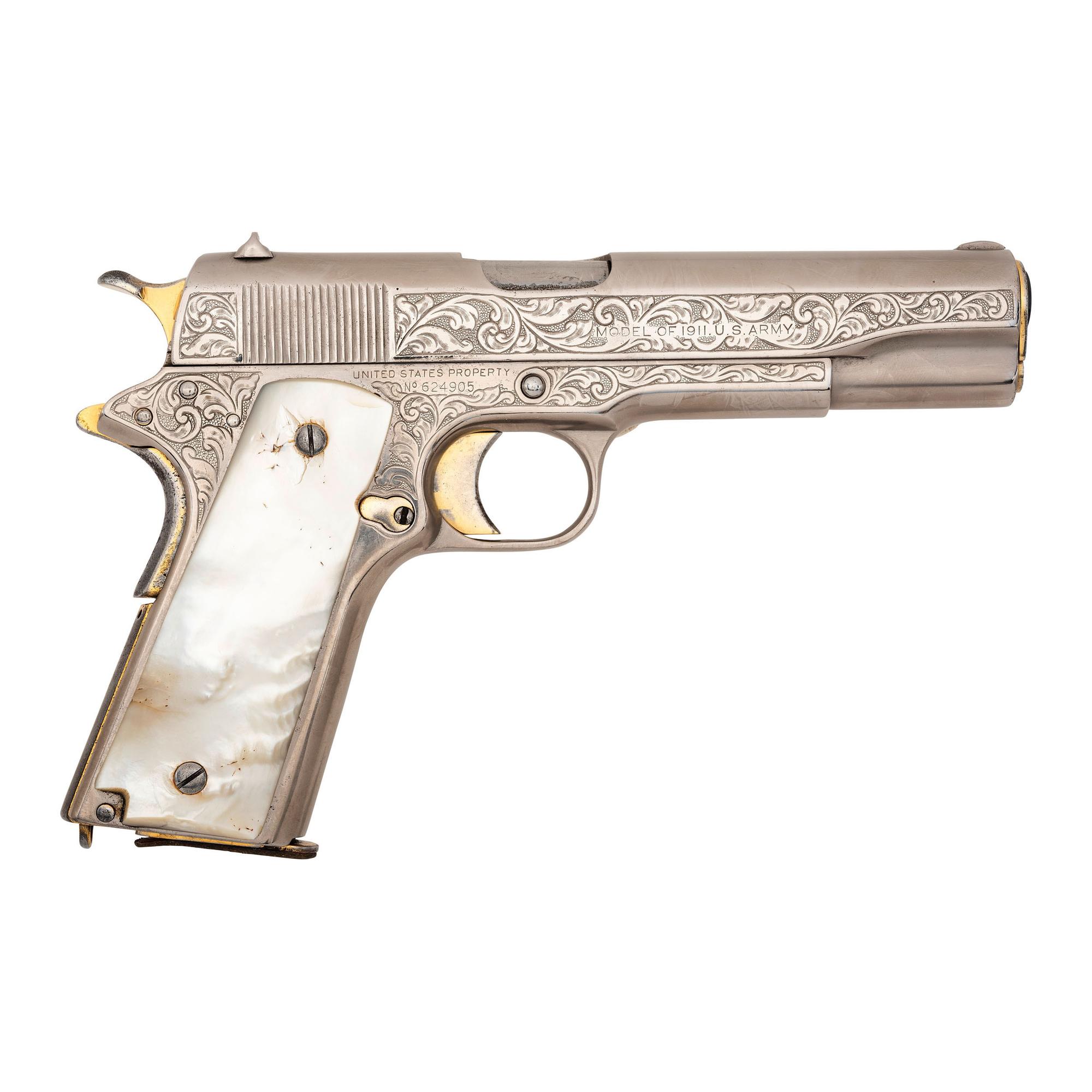 ** Engraved and Refinished Nickel Plated Colt US Model 1911 Pistol with Pearl Grips