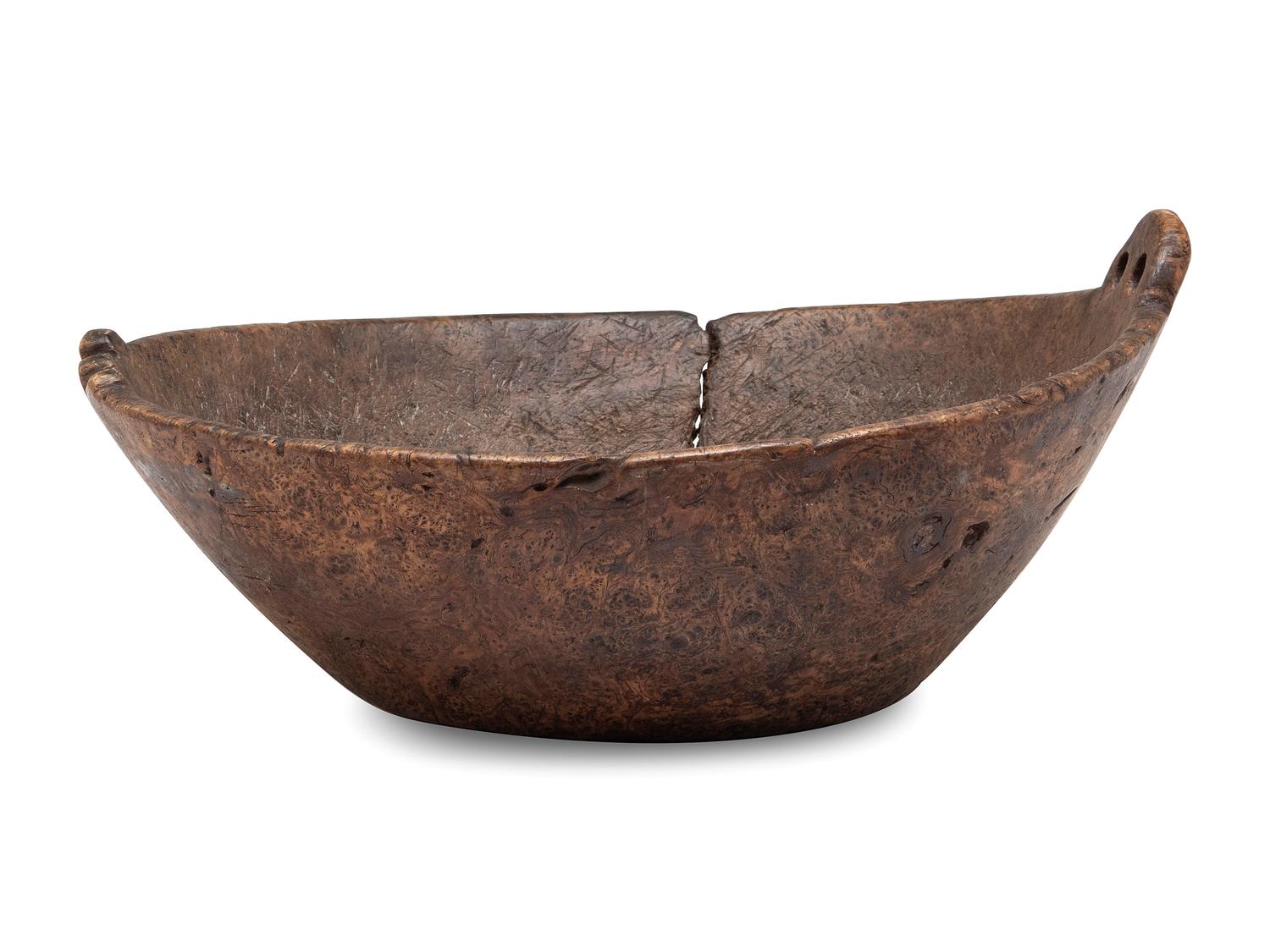 A Carved Wood Handled Burlwood Bowl
