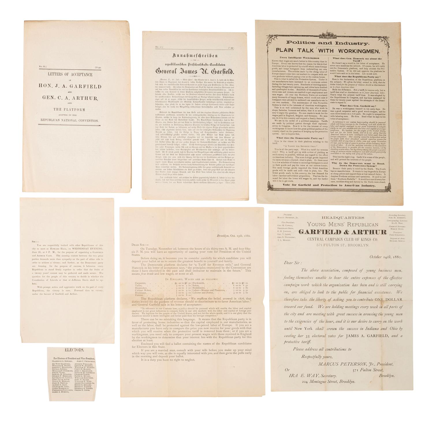 [GARFIELD, James A. (1831-1881)]. A group of cabinet cards, campaign circulars, advertising cards, and other ephemera from the 1880 presidential campaign, comprising: