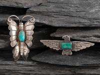 Navajo Silver and Turquoise Pins, Eagle and Butterfly