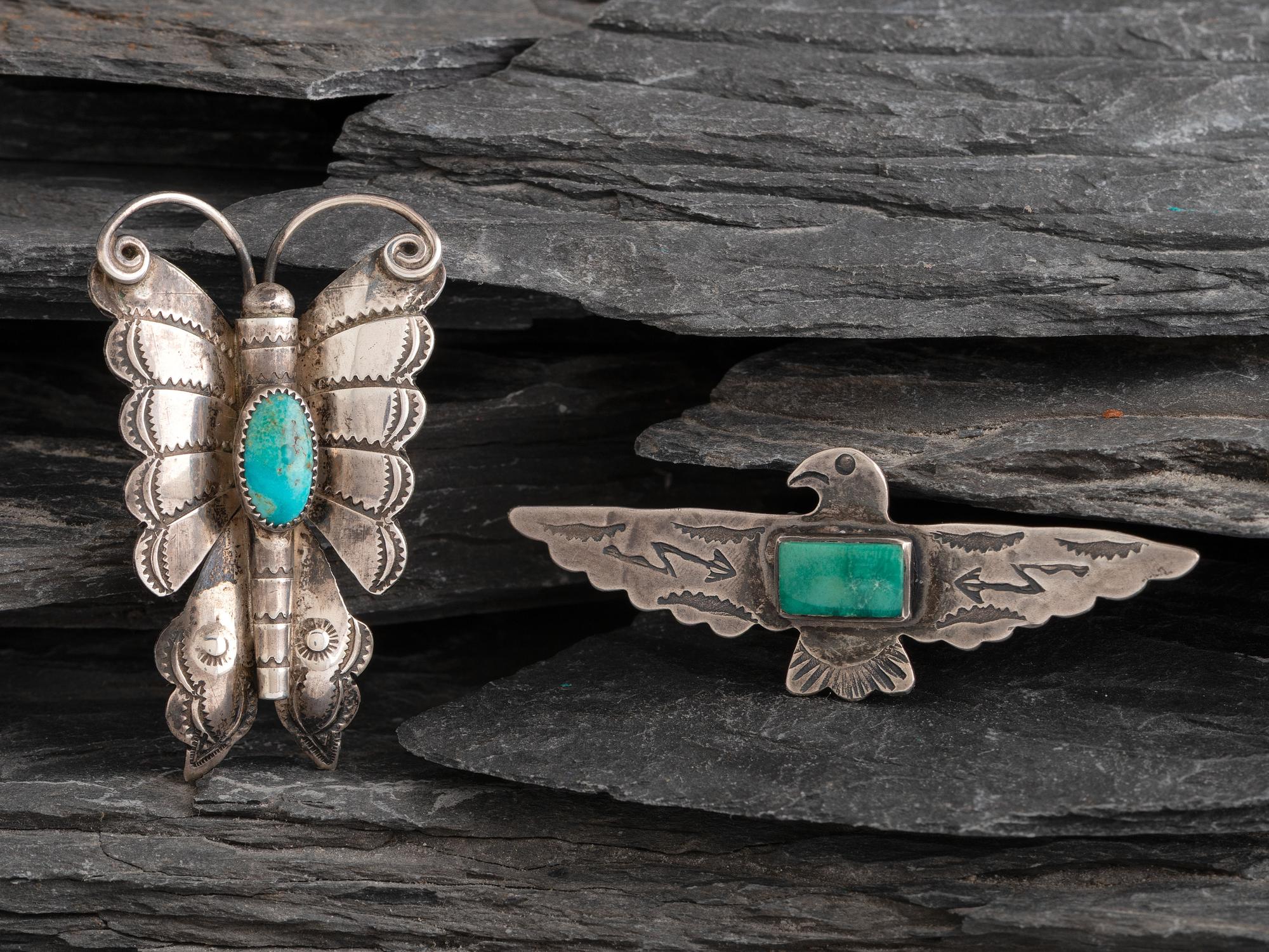Navajo Silver and Turquoise Pins, Eagle and Butterfly