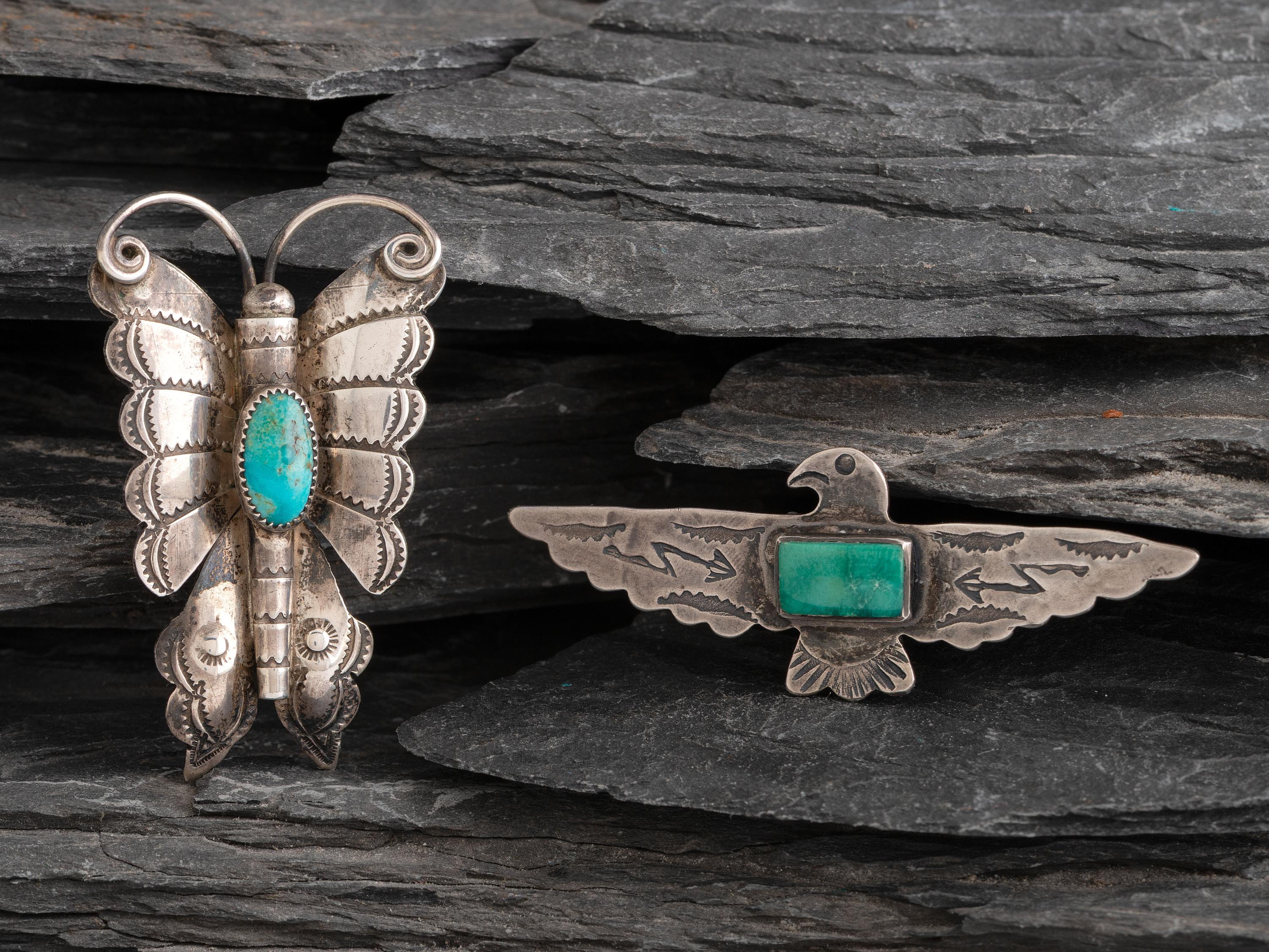 Navajo Silver and Turquoise Pins, Eagle and Butterfly