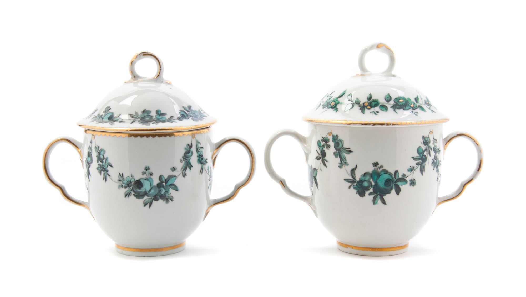 A Near Pair of Royal Crown Derby Porcelain Pots de Creme Height of taller 4 7/8 inches.