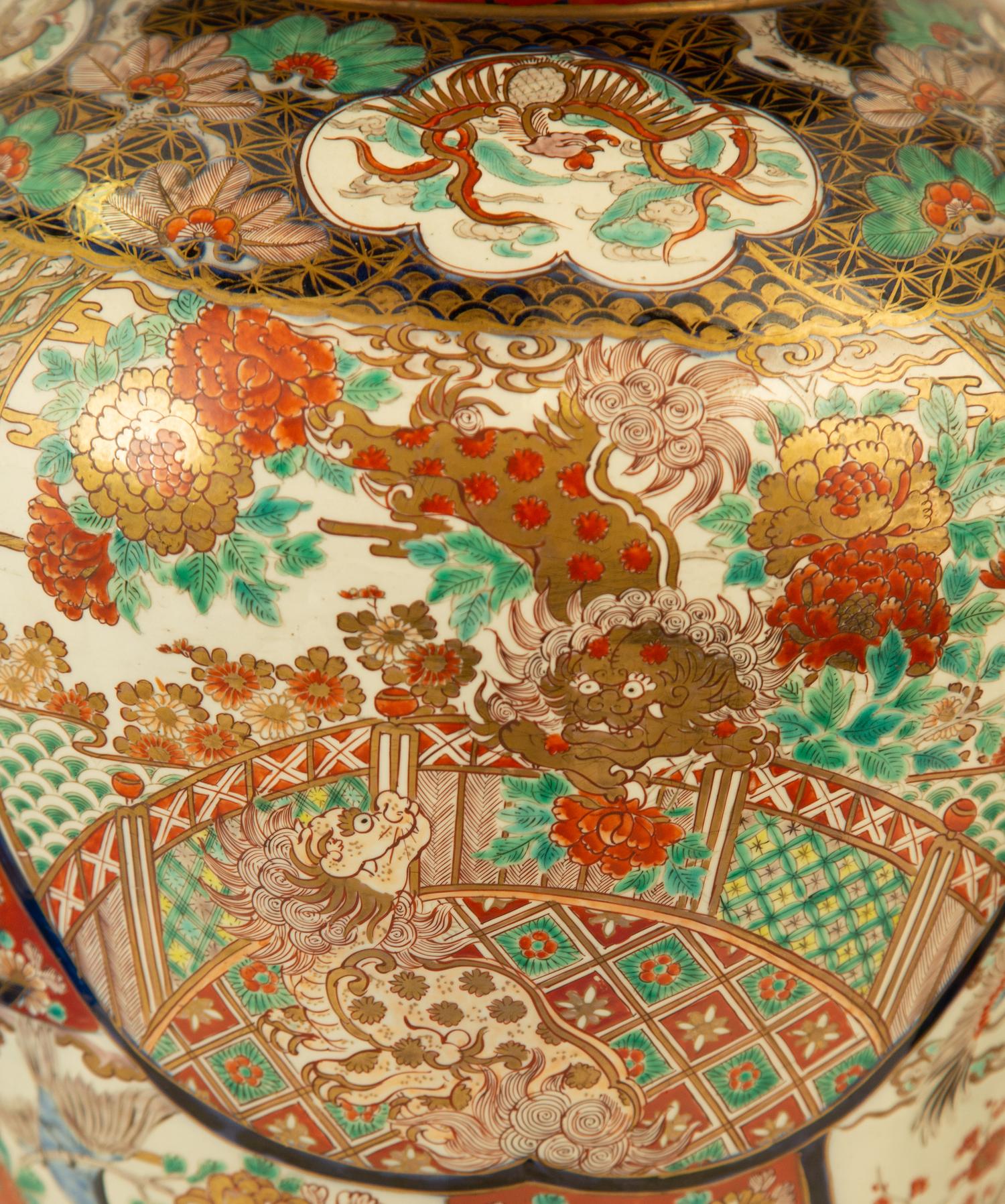 A Pair of Chinese Imari Palette Porcelain Covered Urns