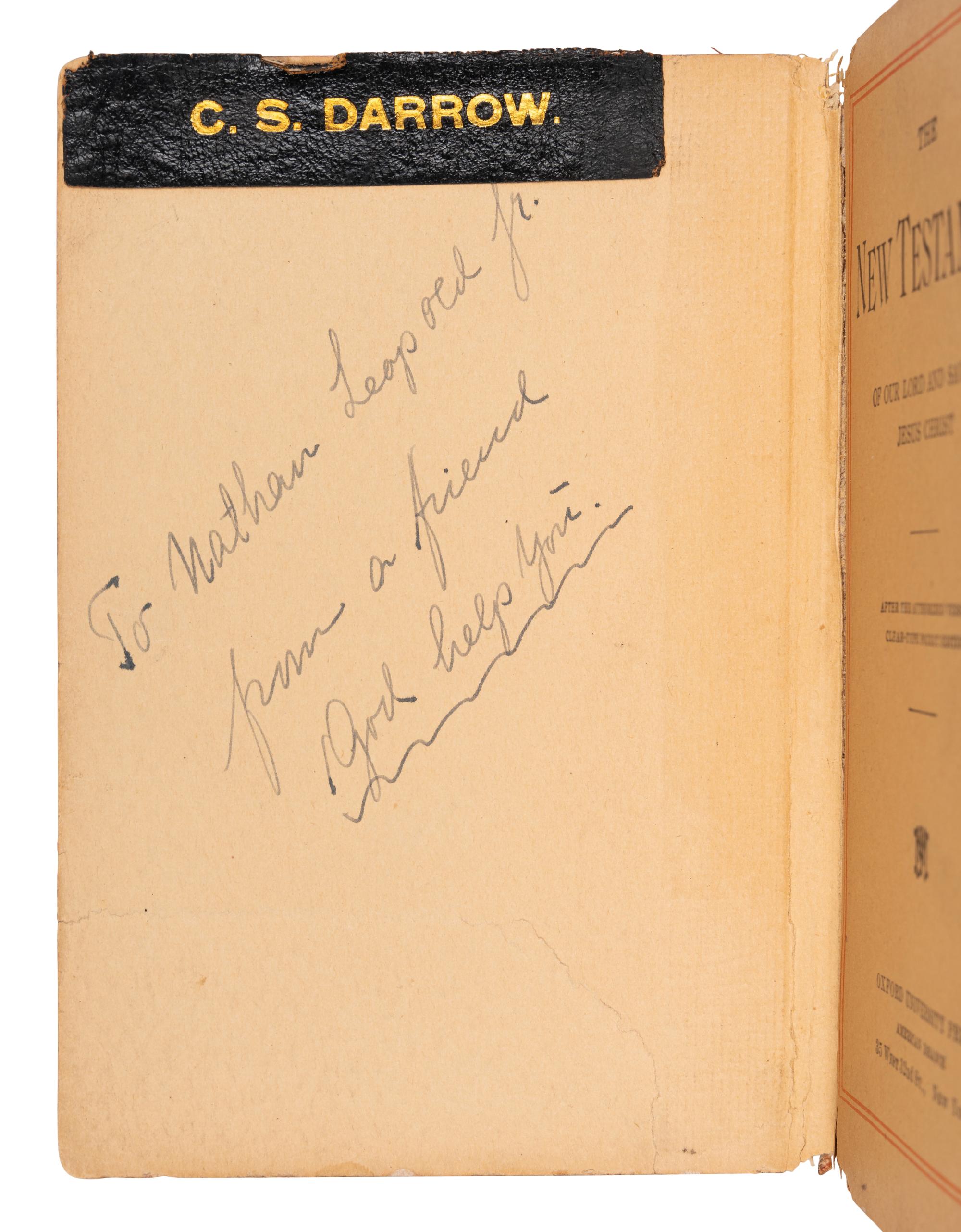 [DARROW, Clarence (1857-1938)] -- [LEOPOLD & LOEB]. The New Testament of our Lord and Saviour Jesus Christ . New York: Oxford University Press, American Branch, 1899.