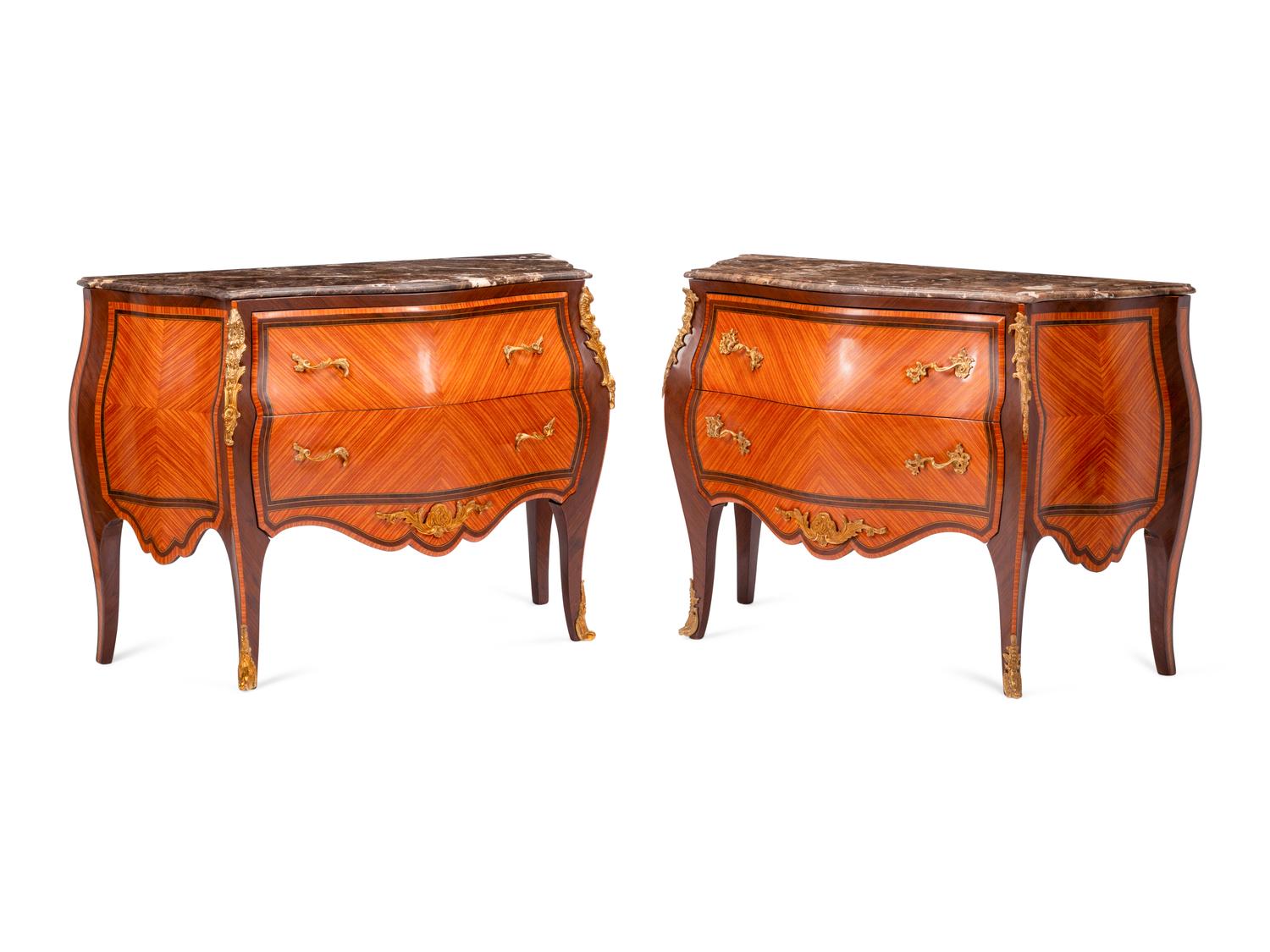 A Pair of Louis XV Style Marquetry Marble-Top Commodes