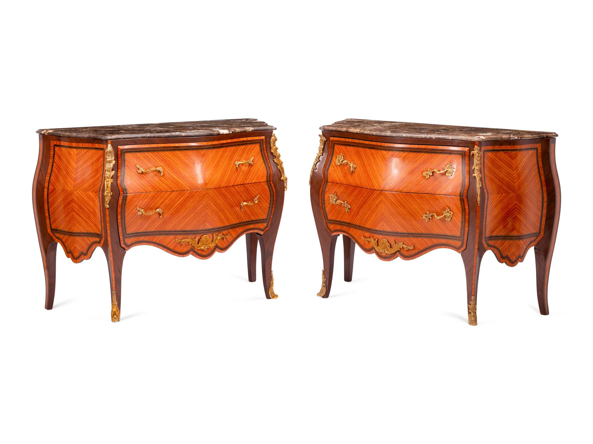 A Pair of Louis XV Style Marquetry Marble-Top Commodes
