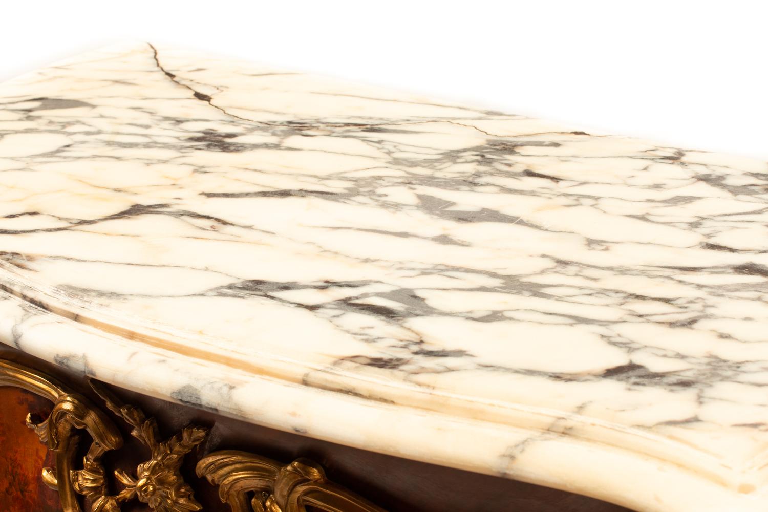 A Louis XV Style Gilt Bronze Mounted Vernis Martin Marble-Top Cabinet
