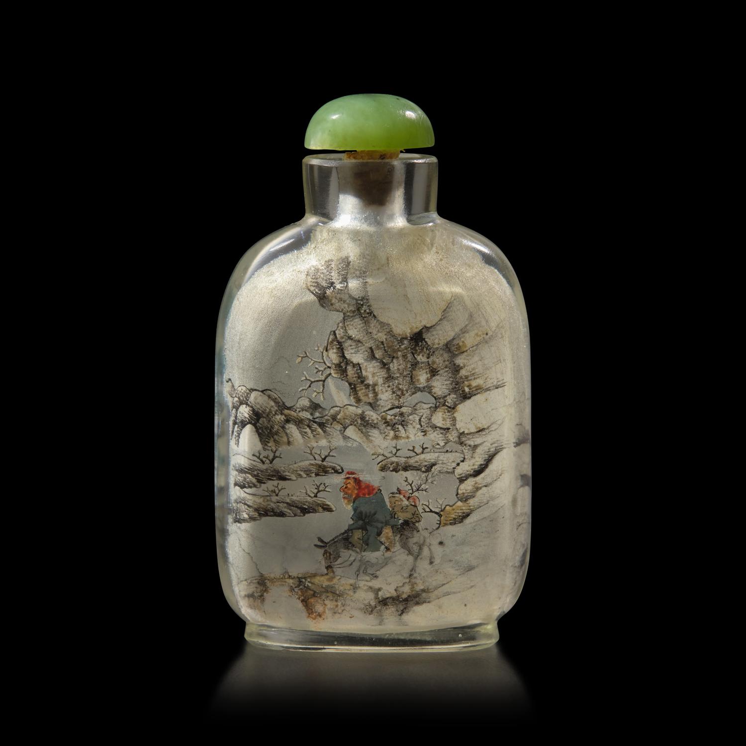 An Inside Painted Glass Snuff Bottle, Signed Chen Zhongsan, Dated 1910 庚 戌 年（1910）陳仲三作玻璃內畫踏雪尋梅圖鼻煙壺