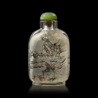 An Inside Painted Glass Snuff Bottle, Signed Chen Zhongsan, Dated 1910 庚 戌 年（1910）陳仲三作玻璃內畫踏雪尋梅圖鼻煙壺