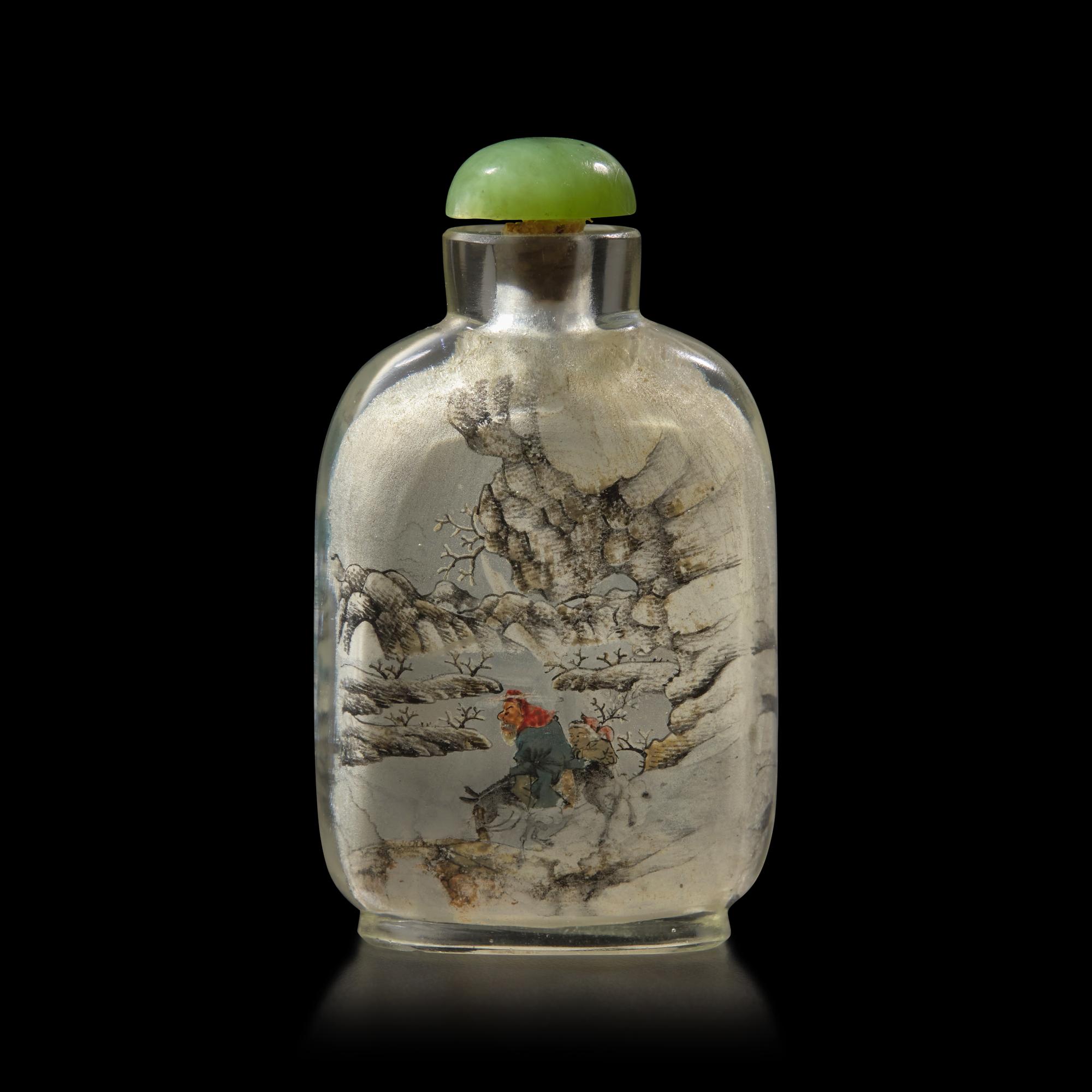 An Inside Painted Glass Snuff Bottle, Signed Chen Zhongsan, Dated 1910 庚 戌 年（1910）陳仲三作玻璃內畫踏雪尋梅圖鼻煙壺
