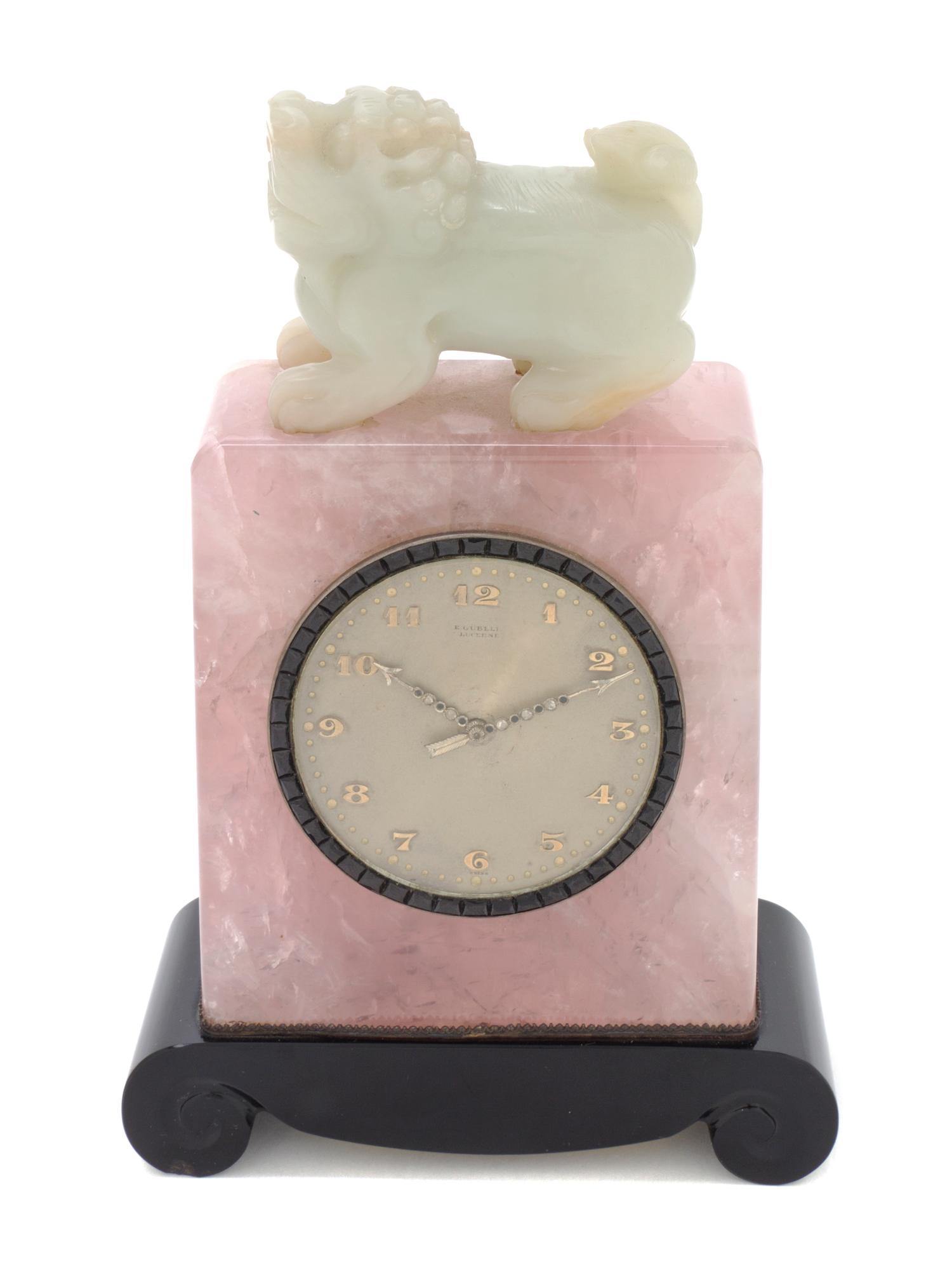 A Swiss Rose Quartz, Jade and Onyx Desk Clock, E. Gubelin, Height 6 1/2 inches.