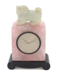A Swiss Rose Quartz, Jade and Onyx Desk Clock, E. Gubelin, Height 6 1/2 inches.
