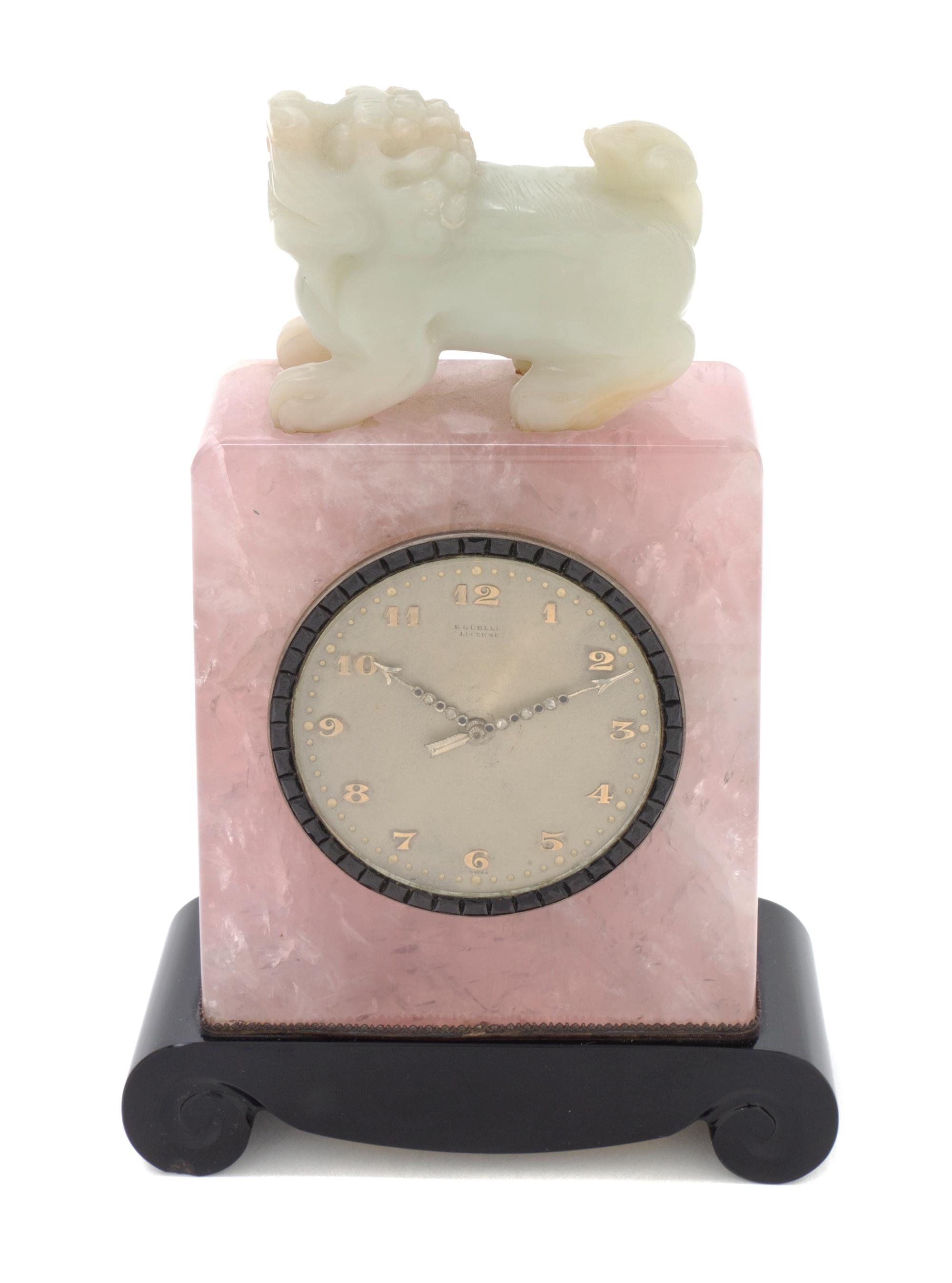 A Swiss Rose Quartz, Jade and Onyx Desk Clock, E. Gubelin, Height 6 1/2 inches.