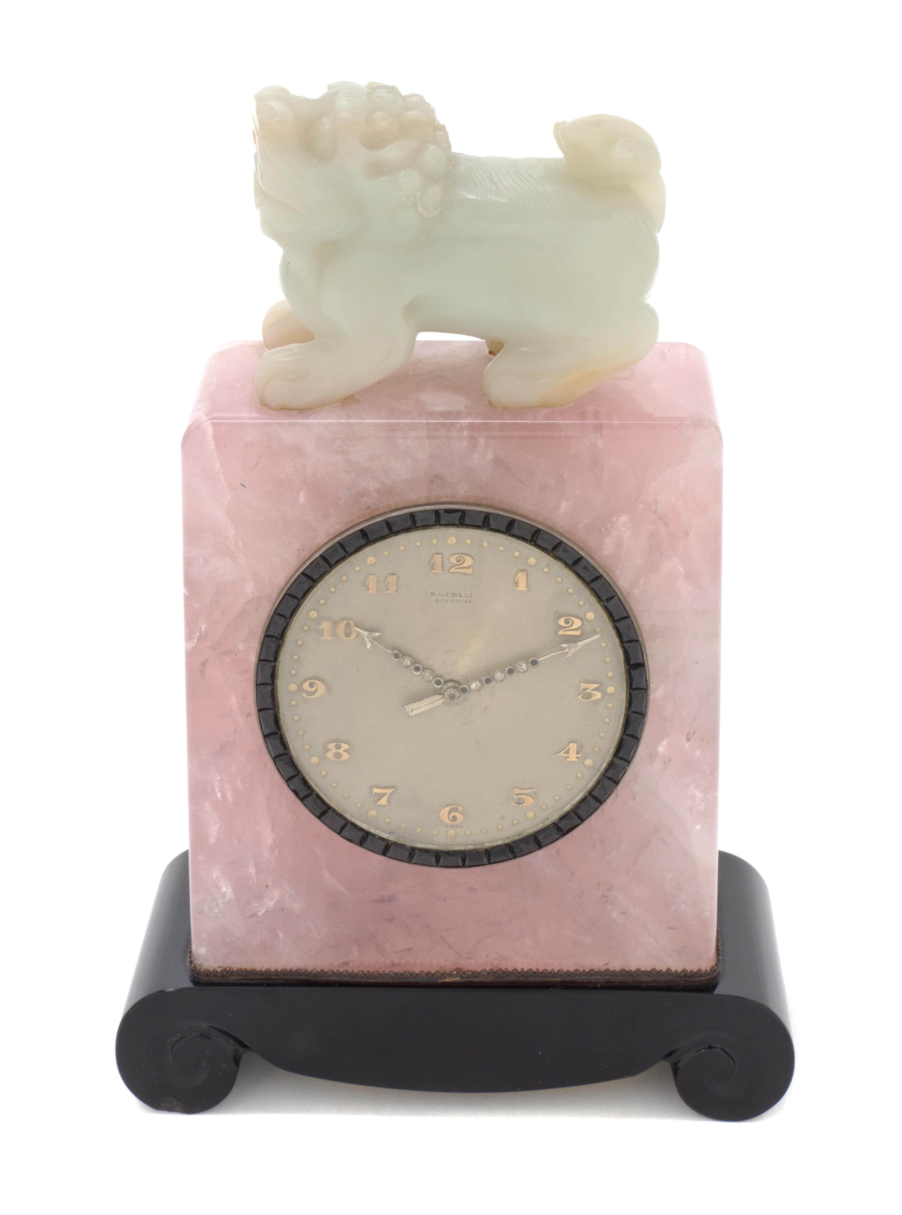 A Swiss Rose Quartz, Jade and Onyx Desk Clock, E. Gubelin, Height 6 1/2 inches.