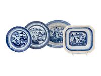 Seven Chinese Export Canton Blue and White Porcelain Wares