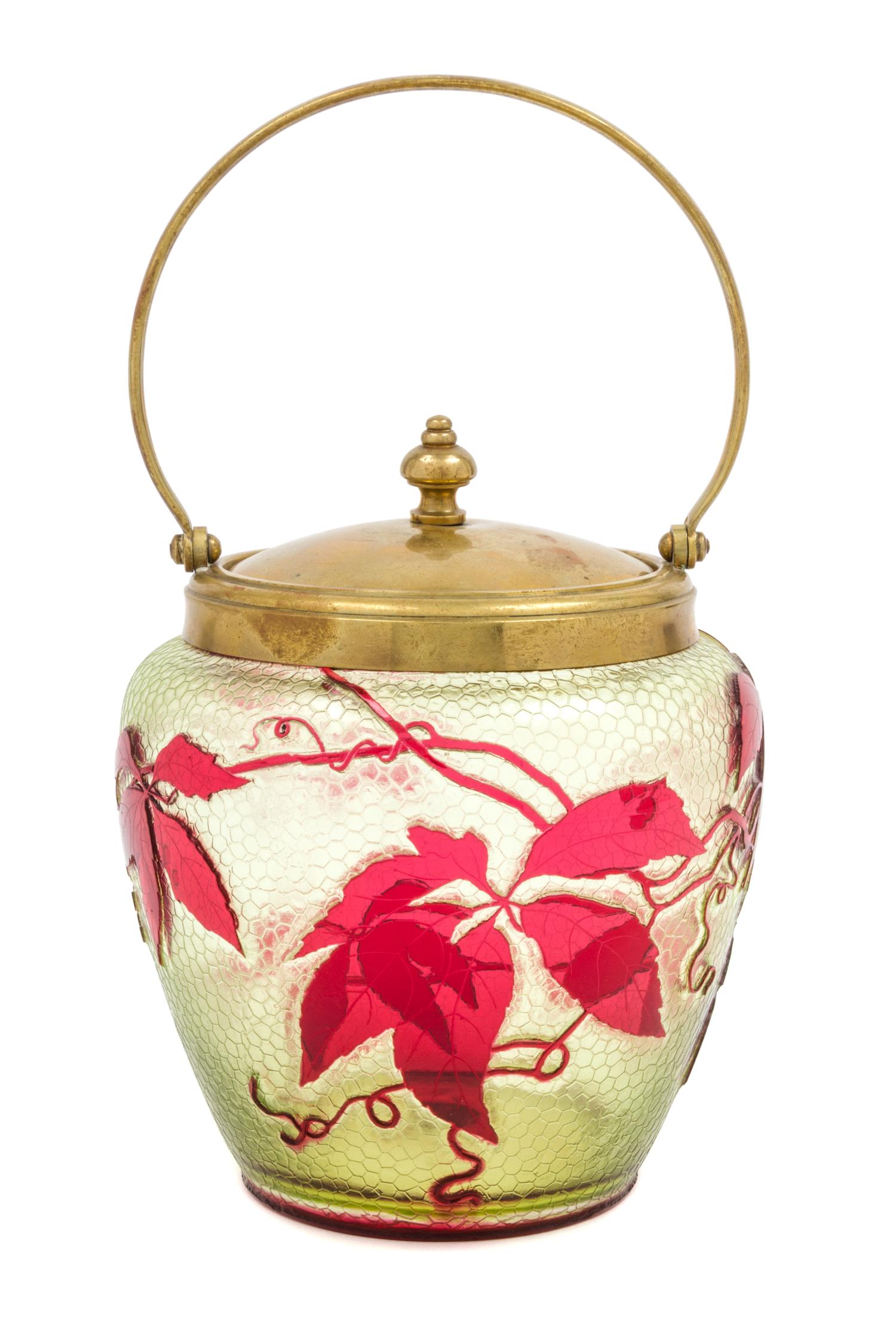 A Baccarat Etched and Colored Glass Biscuit Barrel Height 7 1/2 inches.