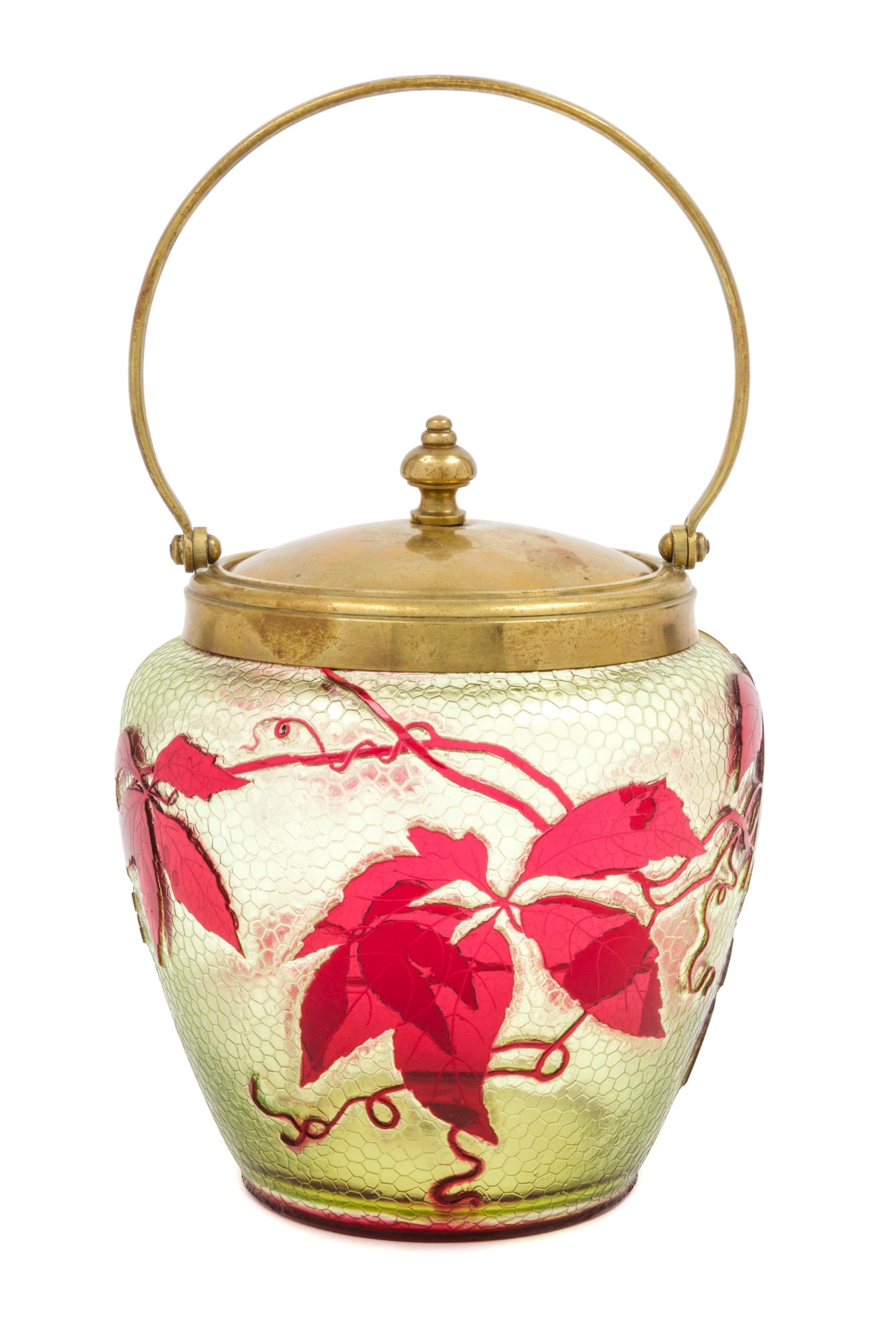 A Baccarat Etched and Colored Glass Biscuit Barrel Height 7 1/2 inches.