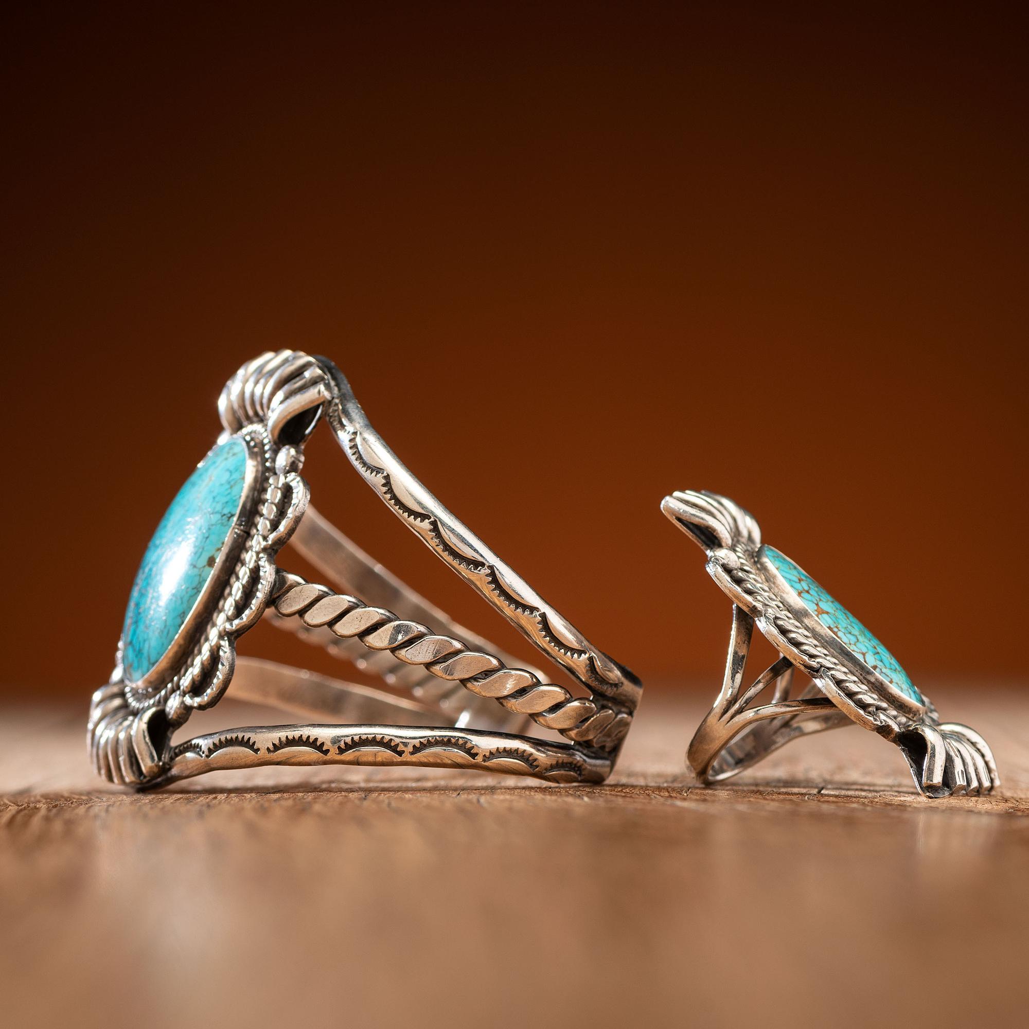 Navajo Silver and Spider Web #8 Turquoise Cuff Bracelet AND Ring