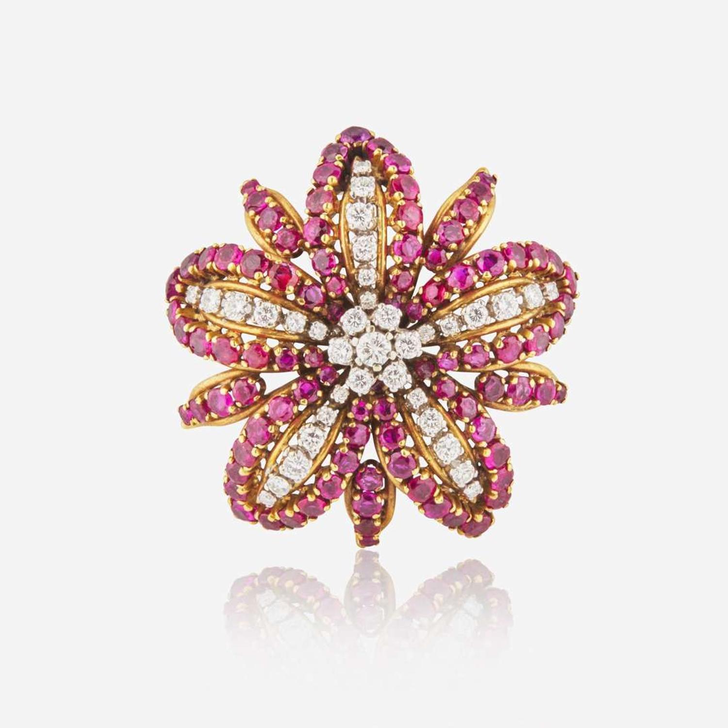 An 18K Yellow Gold, Diamond, and Ruby Brooch
