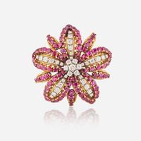 An 18K Yellow Gold, Diamond, and Ruby Brooch